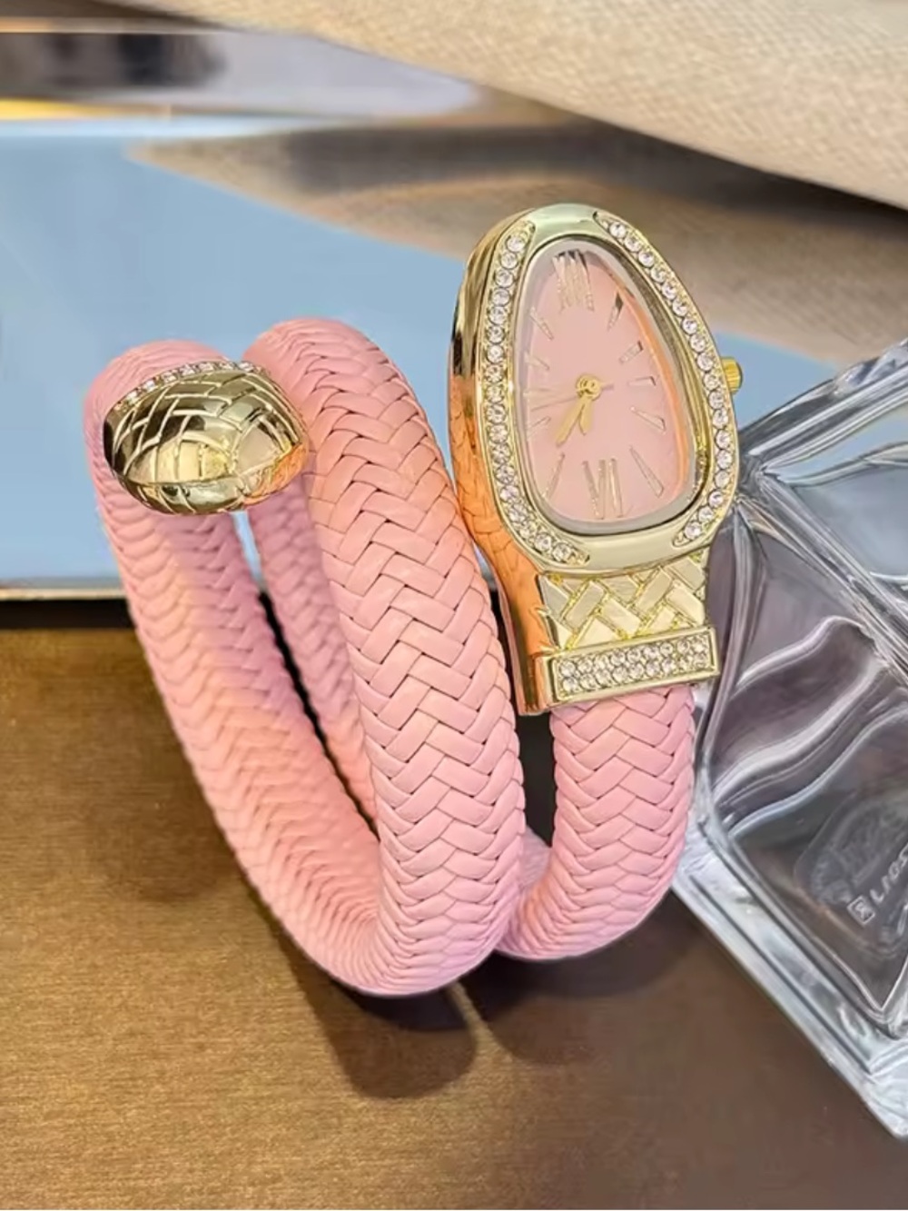 Luxury Serpentine Elegant Pink Braided Wrap Watch with Gold Crystal Accents